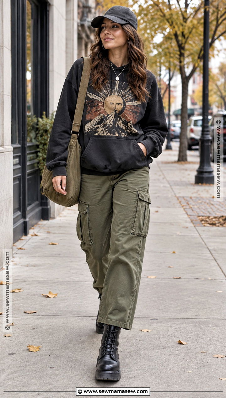 Graphic Hoodie With Cargo Pants - 15 cozy fall hoodie style ideas