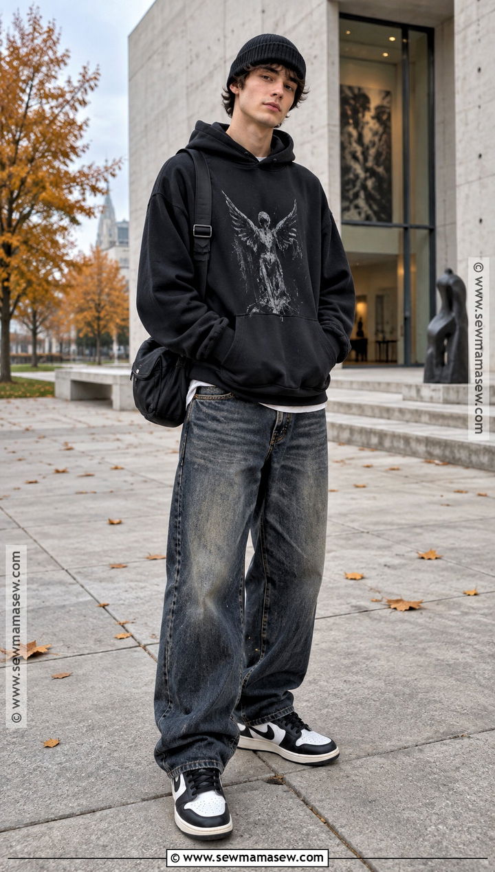 Graphic Hoodie With Wide Leg Jeans And High Tops - 15 Fall Hoodie Outfit Ideas for Men