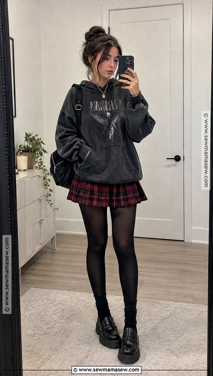 Graphic Hoodie and Plaid Skirt Grunge Outfit - 15 casual grunge outfits fall