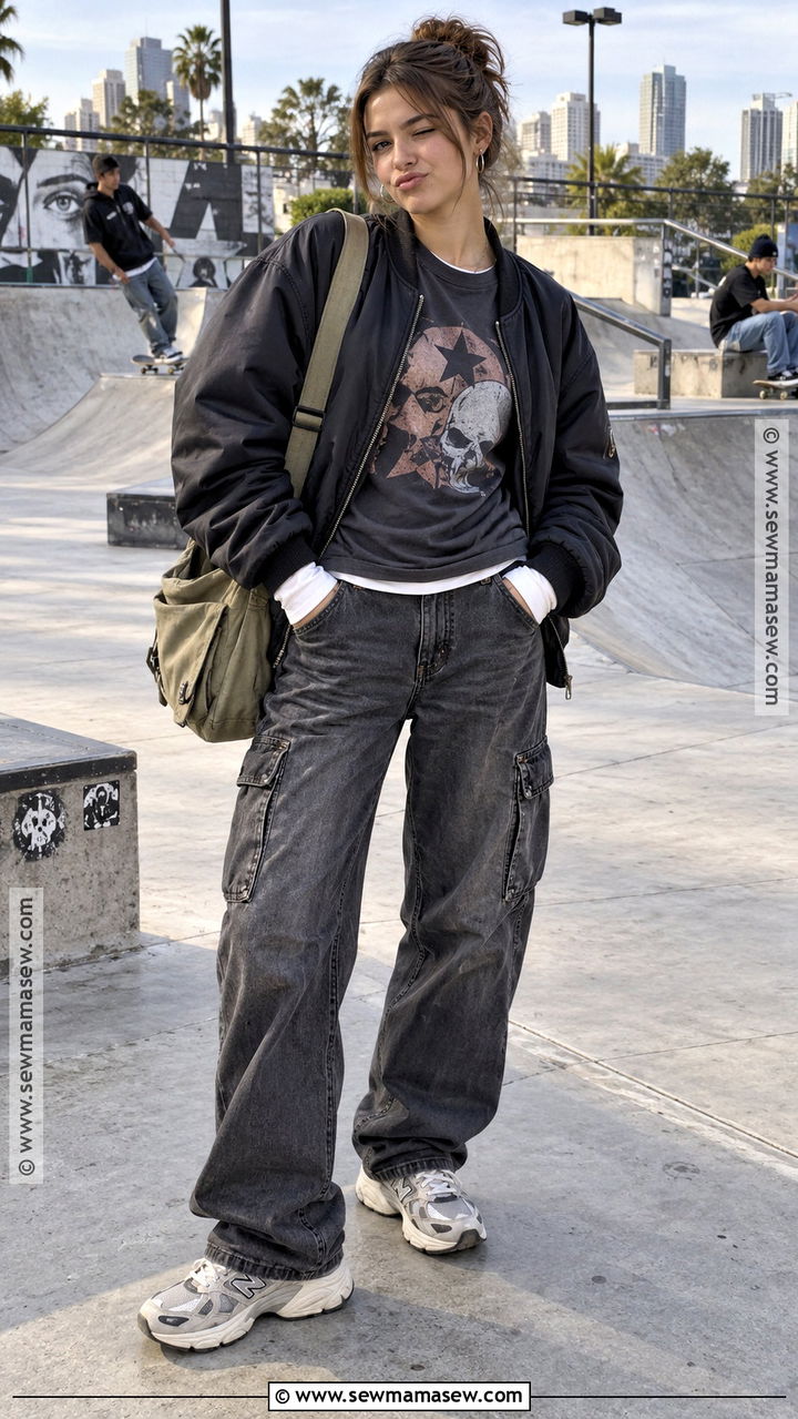 Graphic Long Sleeve Fall Outfit With Cargo Jeans - 20 Long Sleeve Fall Outfits