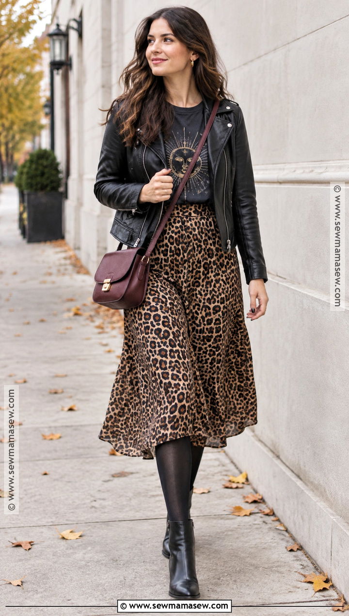 Graphic Shirt With Leopard Midi Skirt - 15 fall skirt and shirt outfits