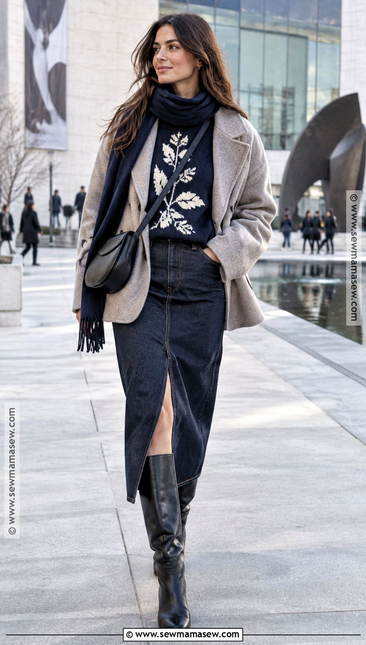 Graphic Sweater With Denim Skirt - 30 sweater weather ideas