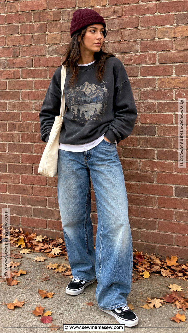 Graphic Sweatshirt And Baggy Jeans Fall Streetwear Outfit - 25 fall streetwear outfits