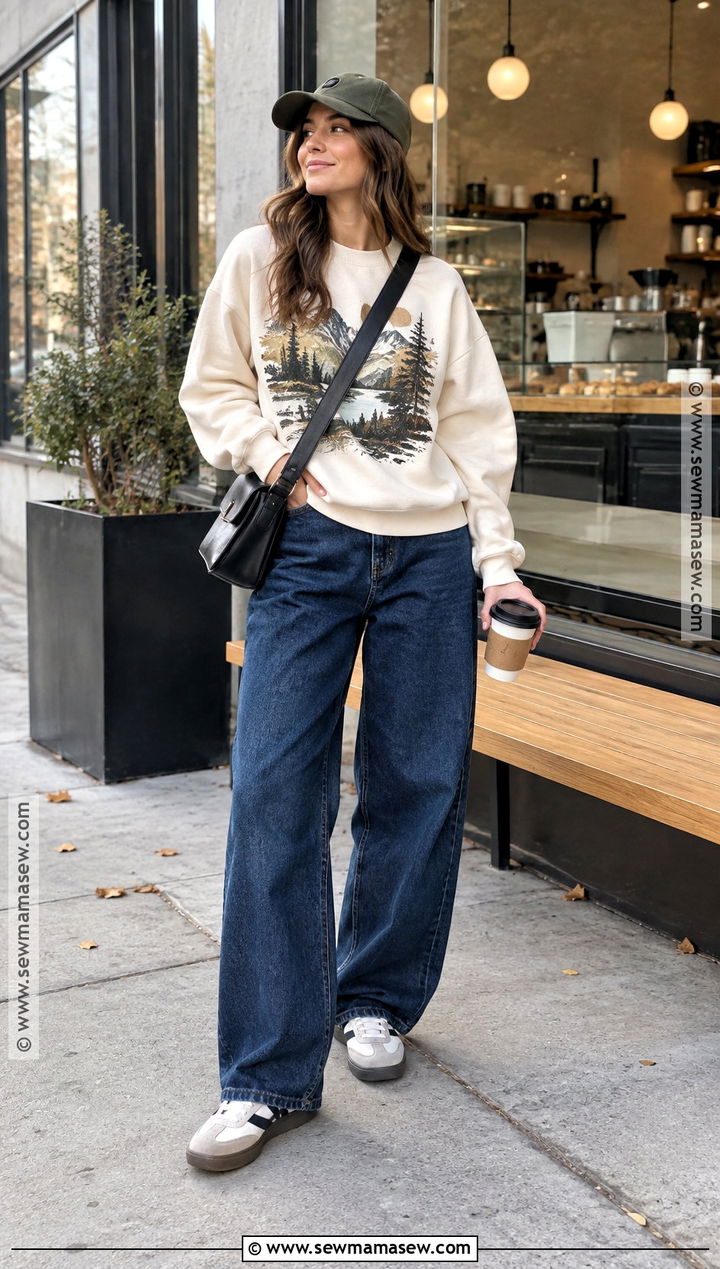 Graphic Sweatshirt And Barrel Jeans Streetwear Outfit - 20 Streetwear Fashion Women Fall Ideas