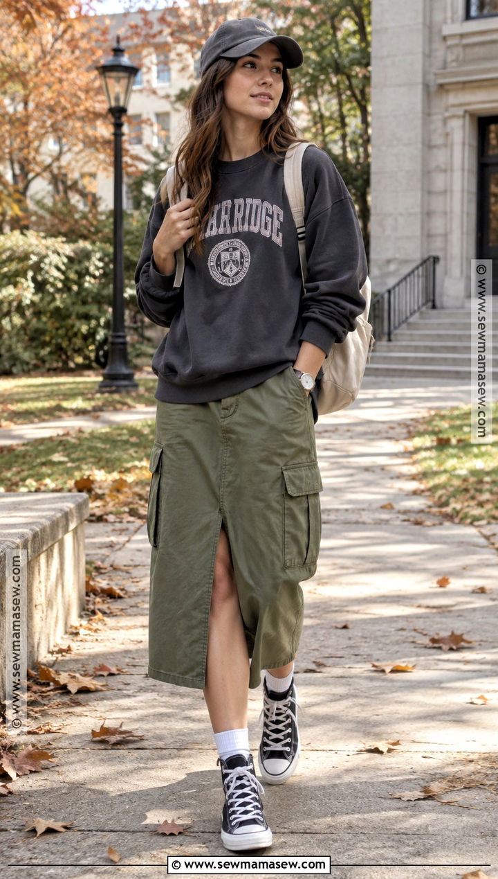 Graphic Sweatshirt And Cargo Midi Skirt Outfit - 25 autumn outfits streetwear