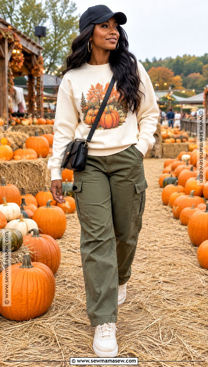 Graphic Sweatshirt And Cargo Pants Pumpkin Patch Outfit - 25 pumpkin patch outfit ideas for black women