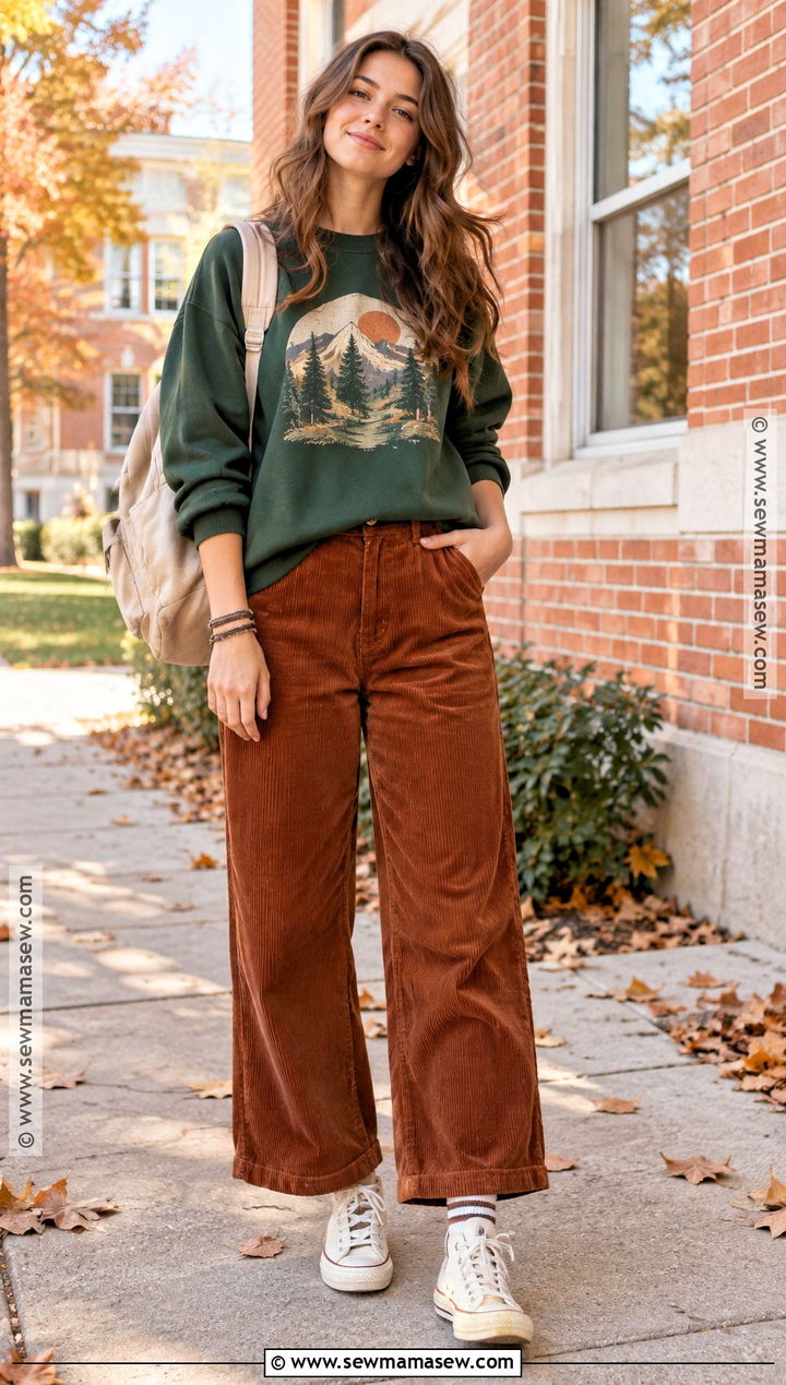 Graphic Sweatshirt And Corduroy Pants School Outfit - 20 fall outfit school ideas