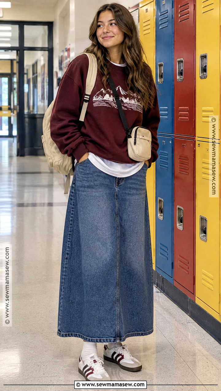 Graphic Sweatshirt And Denim Maxi Skirt Outfit - 20 Back To School Outfits Modest