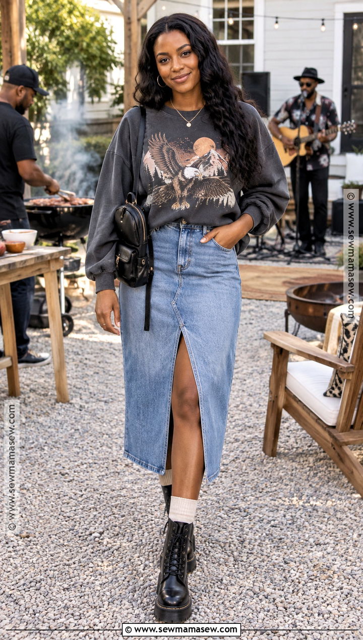 Graphic Sweatshirt And Denim Skirt Cookout Outfit - 20 Fall Cookout Outfit Ideas