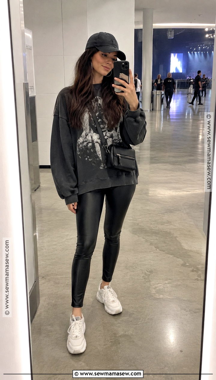 Graphic Sweatshirt And Faux Leather Leggings Indoor Concert Outfit - 15 Indoor Concert Outfit Fall Ideas