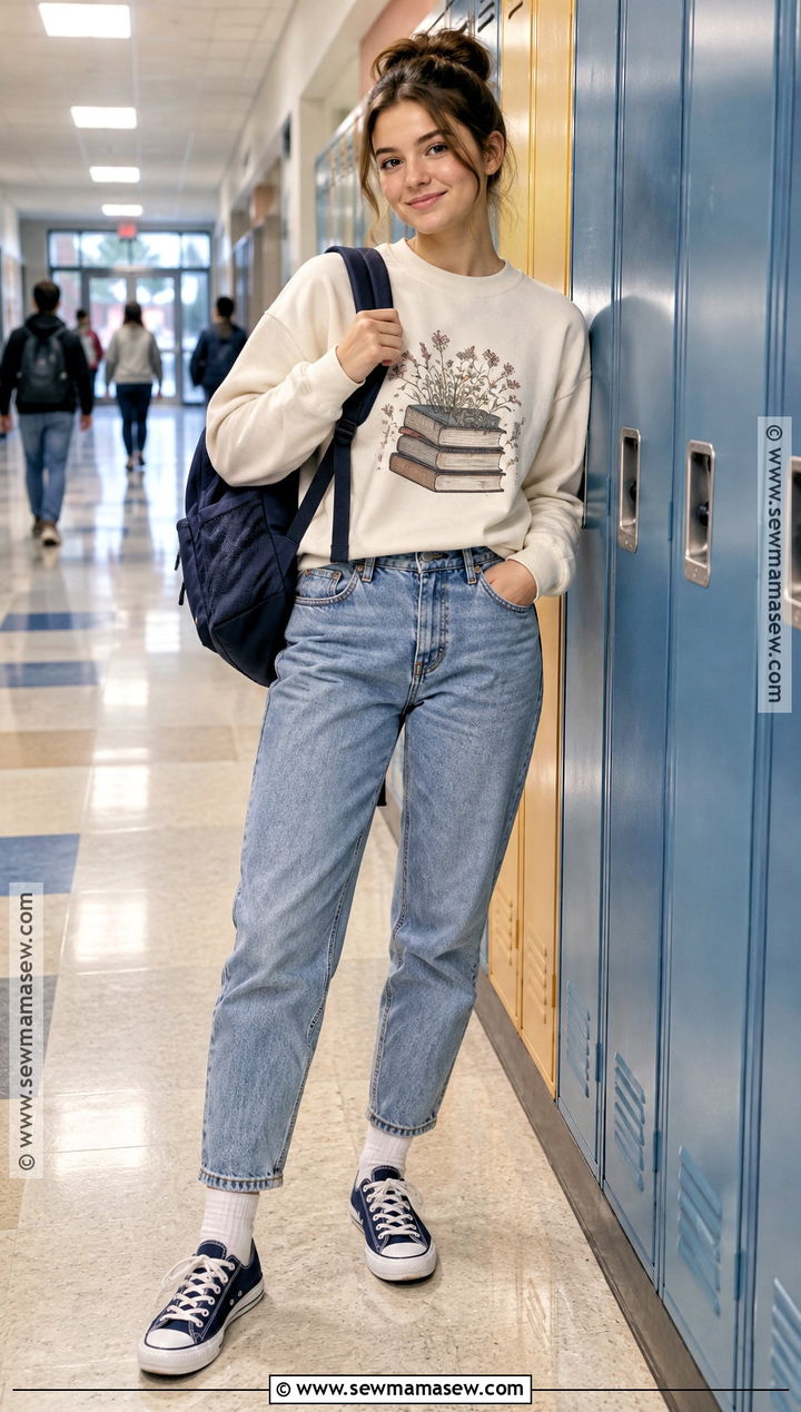 Graphic Sweatshirt And Mom Jeans Fall School Outfit - 30 fall outfits for school