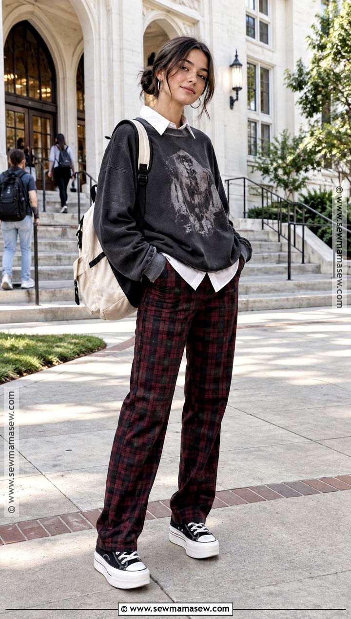 Graphic Sweatshirt And Plaid Pants Outfit - 15 edgy back to school outfits