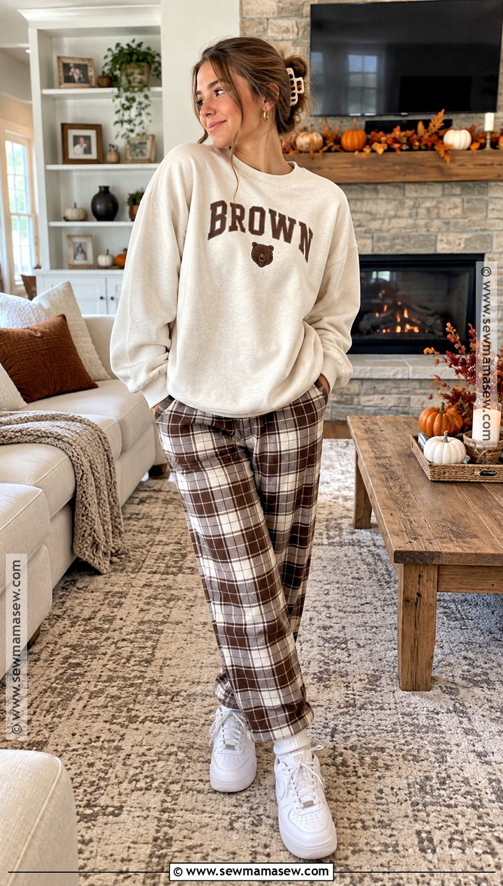 Graphic Sweatshirt And Plaid Pants Thanksgiving Outfit - 20 Thanksgiving Outfit Teen Ideas for Girls