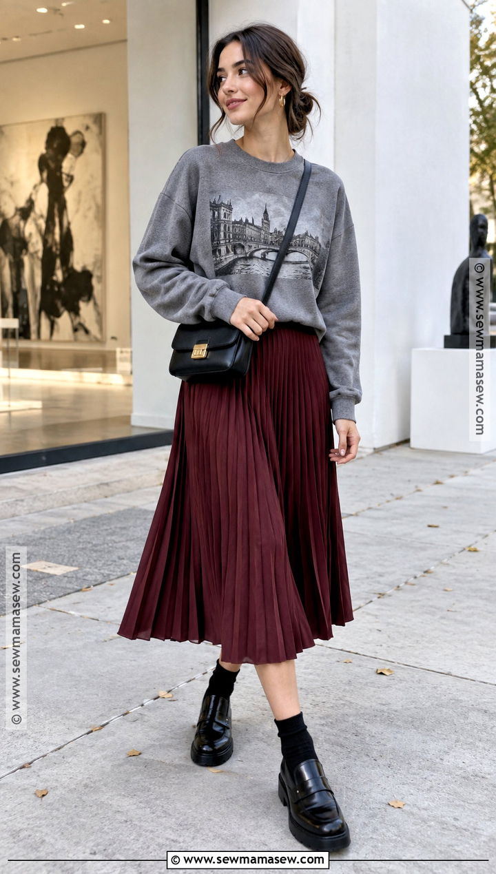 Graphic Sweatshirt And Pleated Skirt Fall Outfit - 25 dope fall outfits
