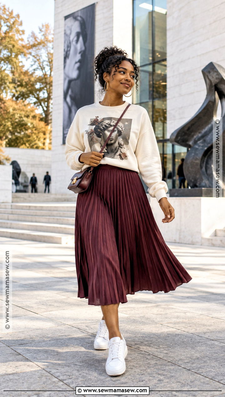 Graphic Sweatshirt And Pleated Skirt Fall Outfit - 30 fall outfits for black women