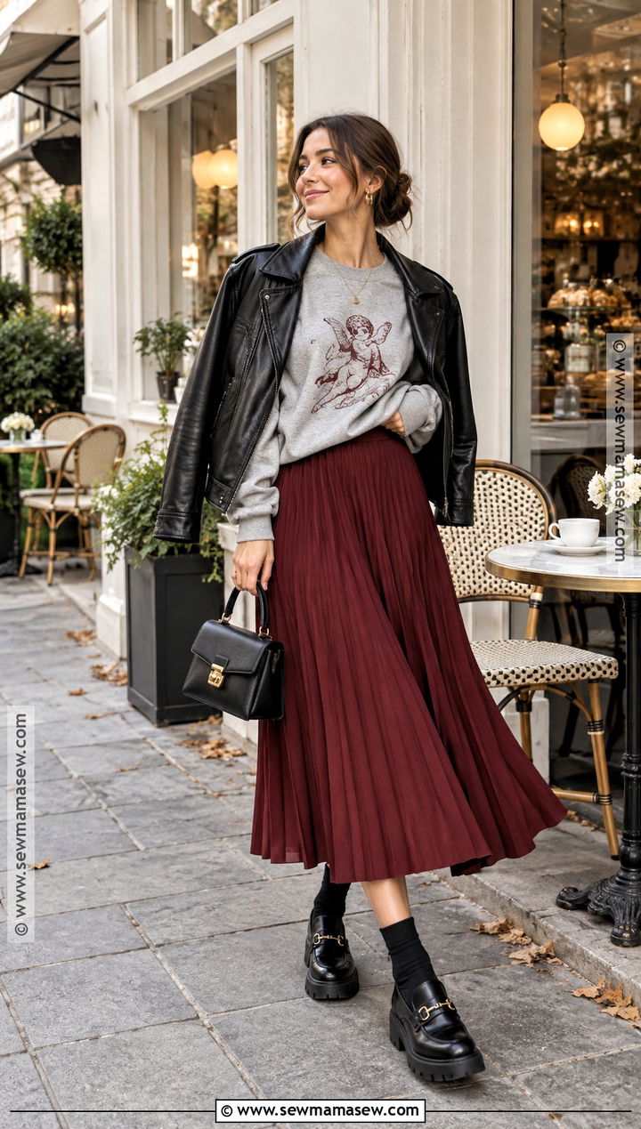 Graphic Sweatshirt And Pleated Skirt Fall Outfit - 25 cool fall outfits