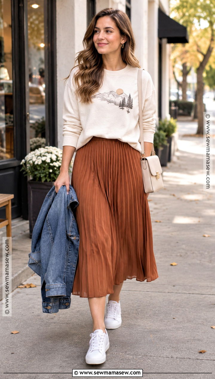 Graphic Sweatshirt And Pleated Skirt Outfit - 15 October Style Challenge Ideas