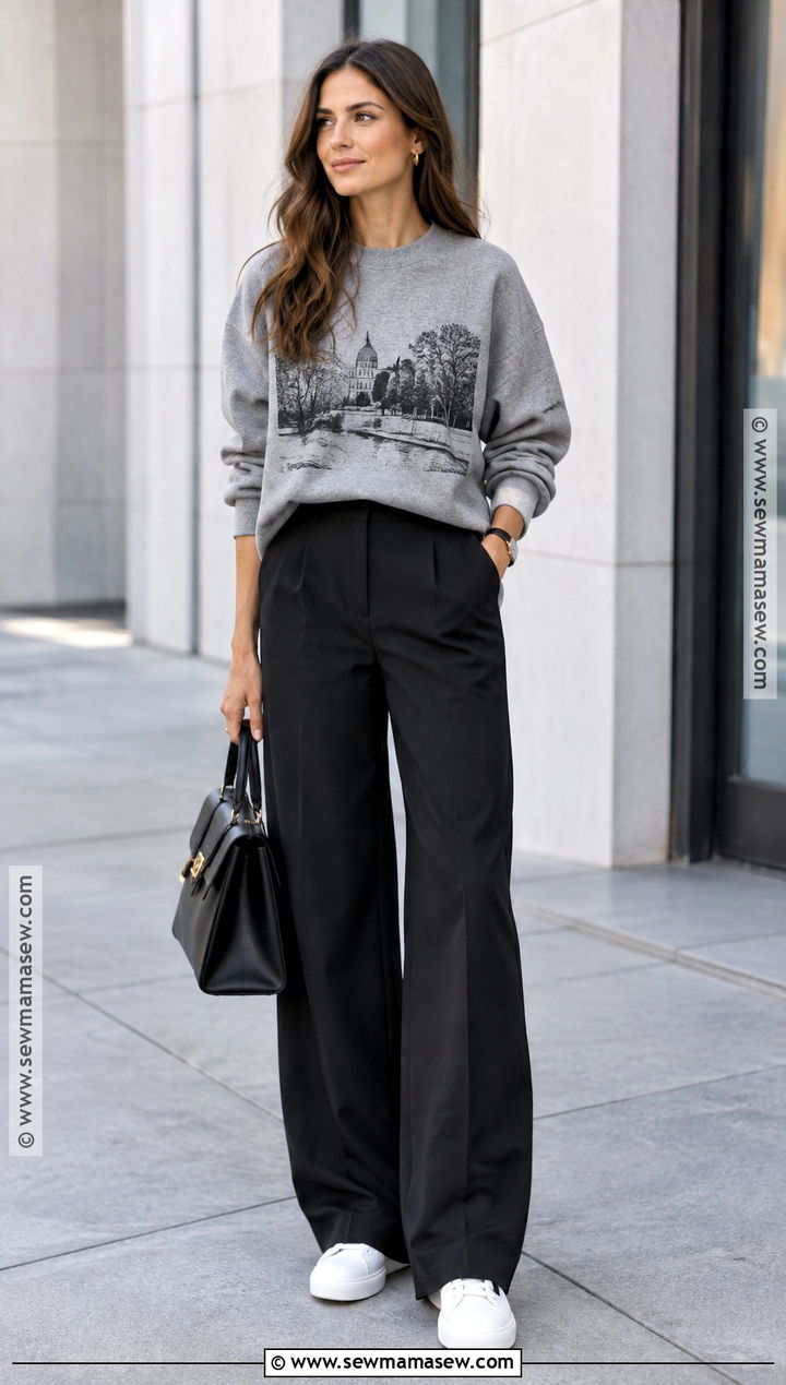 Graphic Sweatshirt And Tailored Trousers Outfit - 20 fall sweats outfits