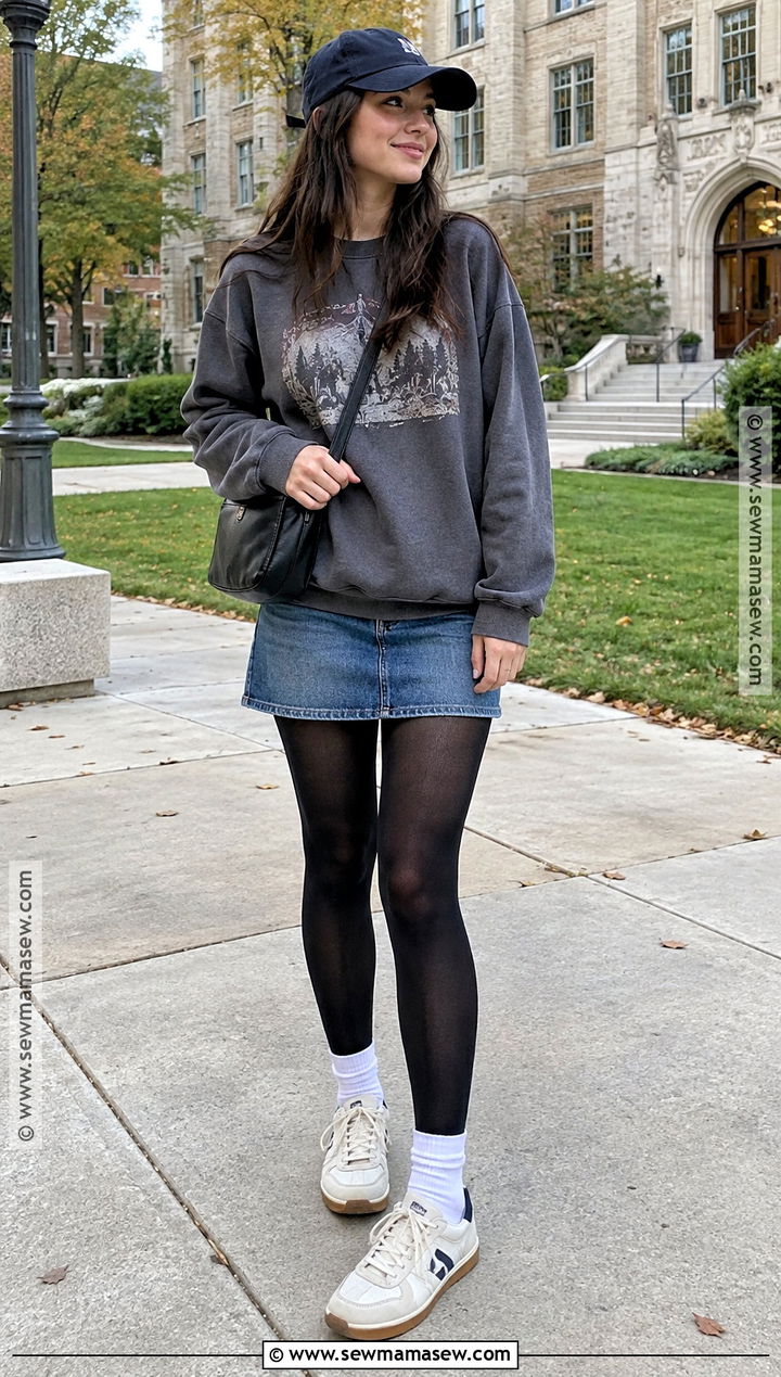 Graphic Sweatshirt Jean Mini Skirt And Sneakers - 25 jean skirt fall outfits