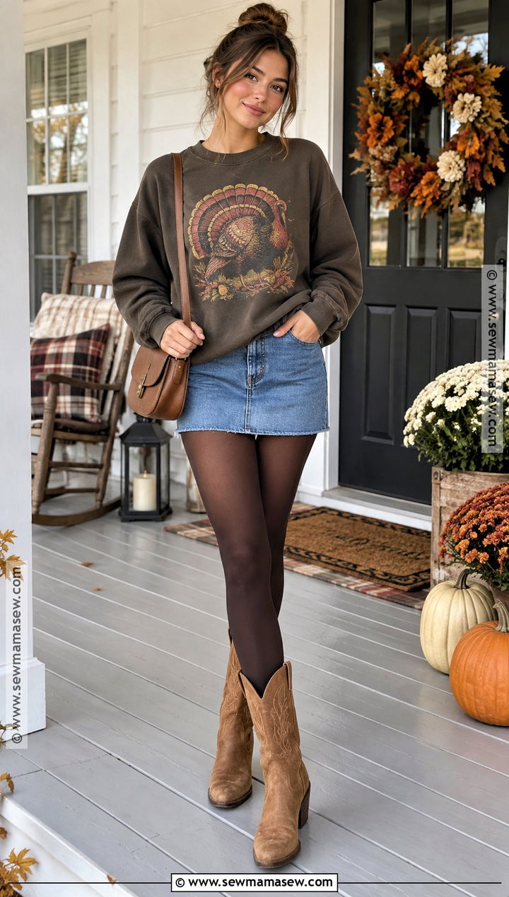 Graphic Sweatshirt With Jean Mini Skirt And Cowboy Boots - 20 thanksgiving outfit jean skirt ideas