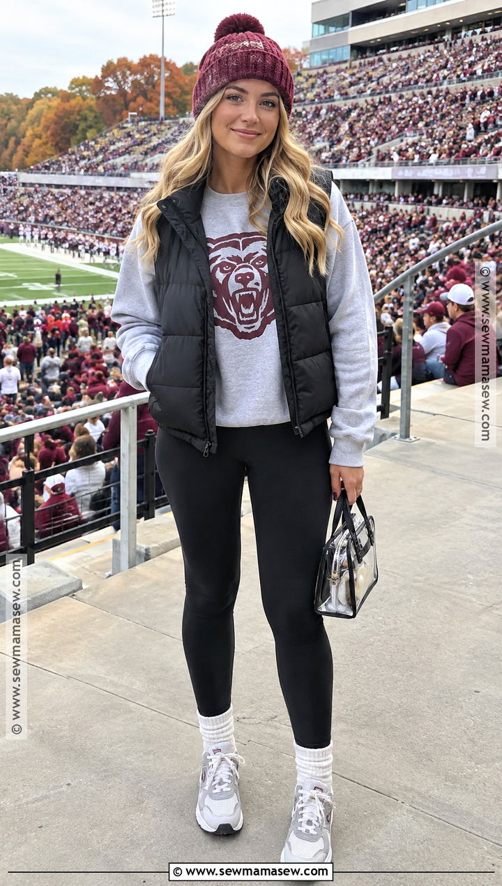 Graphic Sweatshirt With Leggings And Puffer Vest - 25 college football game outfit fall ideas