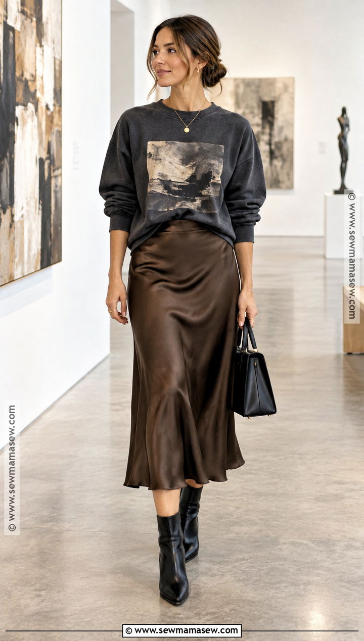 Graphic Sweatshirt With Satin Midi Skirt - 15 fall graphic sweatshirt ideas