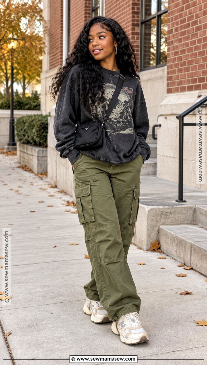 Graphic Sweatshirt and Cargo Pants Fall Outfit - 25 casual fall outfits for black women