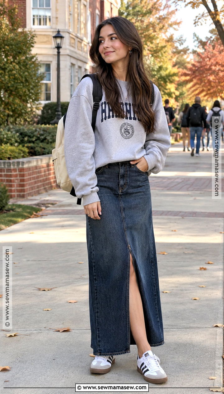 Graphic Sweatshirt and Denim Maxi Skirt School Outfit - 25 outfits for school autumn