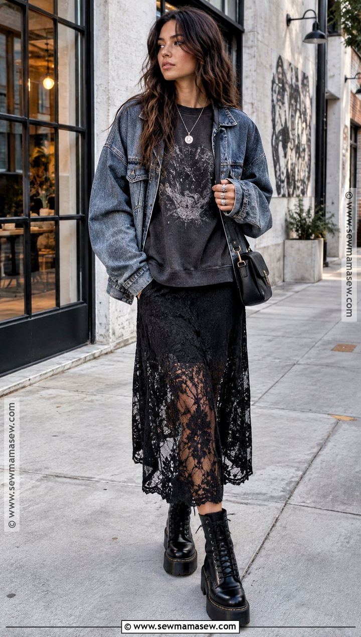 Graphic Sweatshirt and Lace Midi Skirt Grungy Fall Outfit - 25 grungy fall outfits