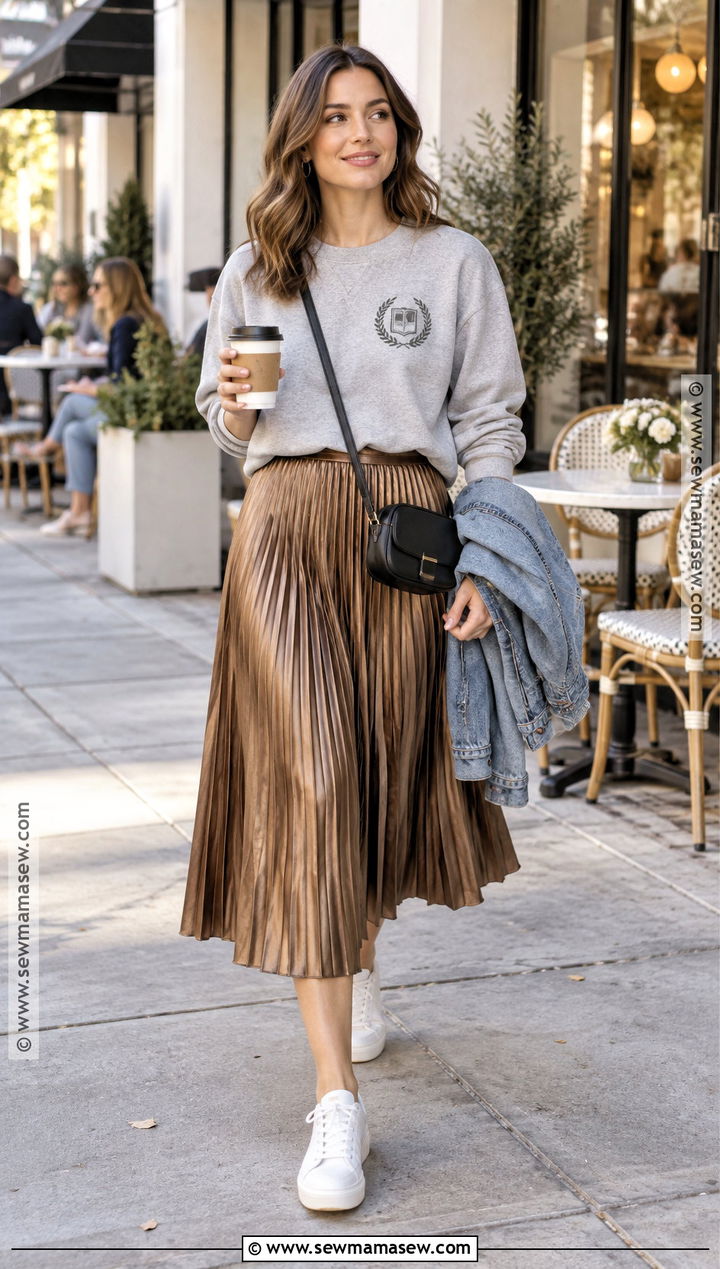 Graphic Sweatshirt and Pleated Skirt Fall Brunch Outfit - 20 Sunday Brunch Outfit Fall Ideas