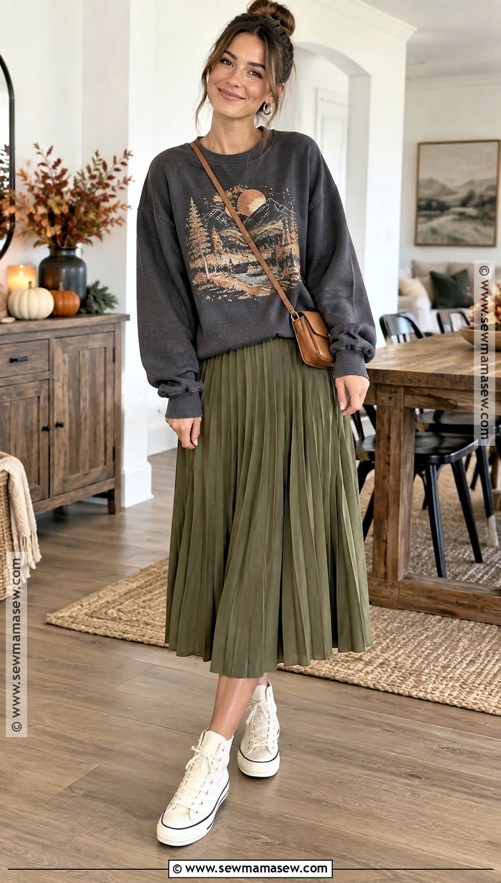 Graphic Sweatshirt and Pleated Skirt Thanksgiving Outfit - 25 Chill Thanksgiving Outfits