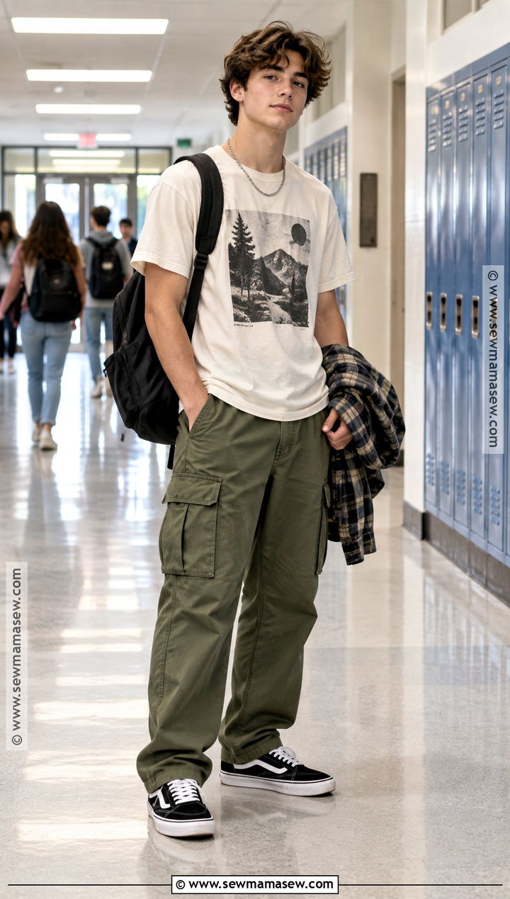 Graphic T Shirt And Baggy Cargo Pants Outfit - 15 baggy back to school outfits