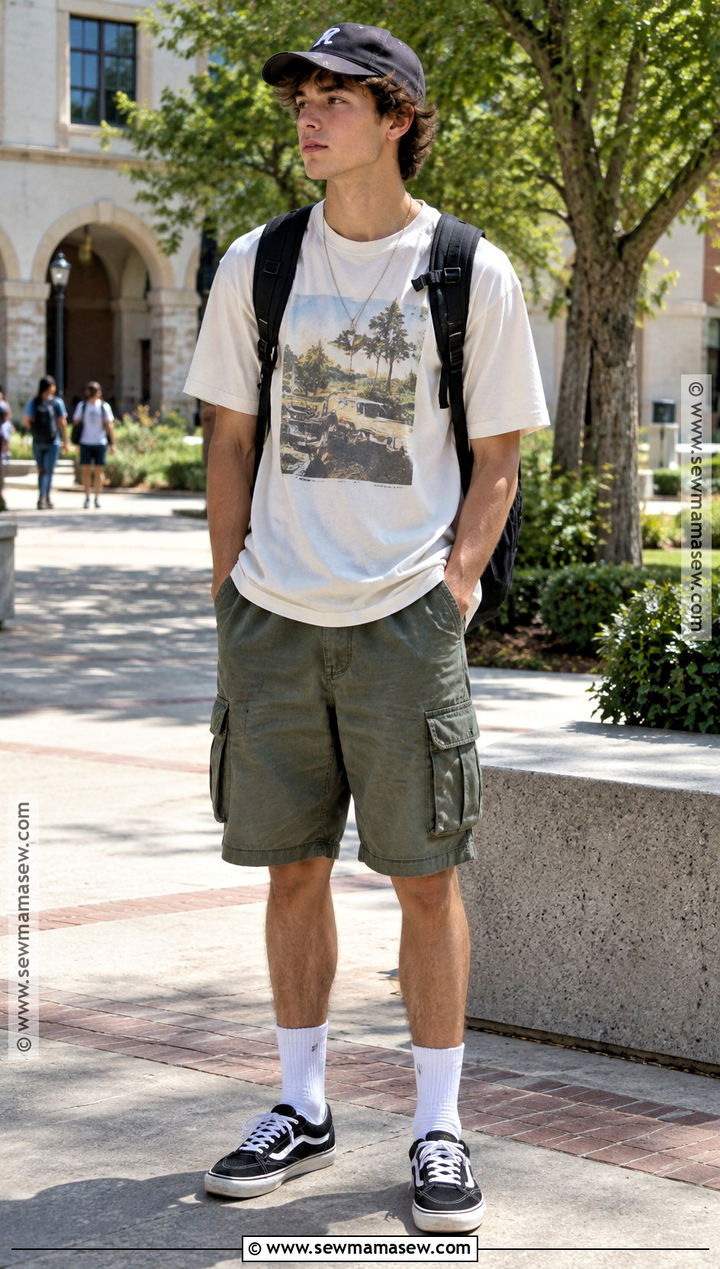 Graphic T Shirt And Cargo Shorts Outfit - 15 masc back to school outfits