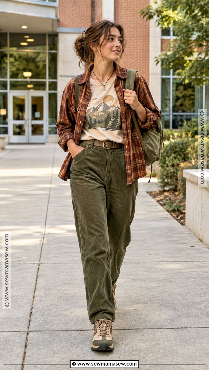 Graphic T Shirt And Corduroy Pants Granola Outfit - 15 Back To School Granola Outfits