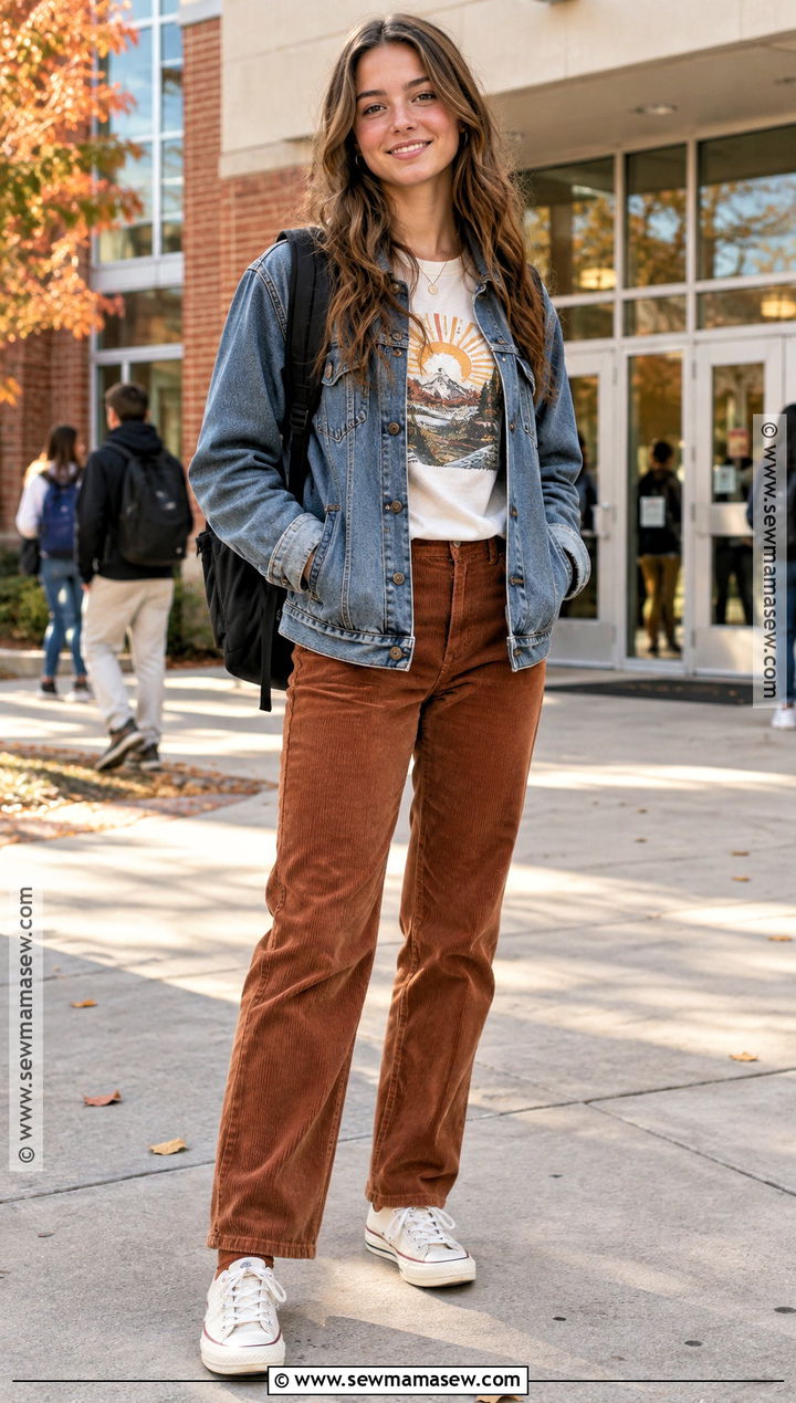 Graphic T Shirt And Corduroy Pants School Outfit - 25 cute outfits for school fall