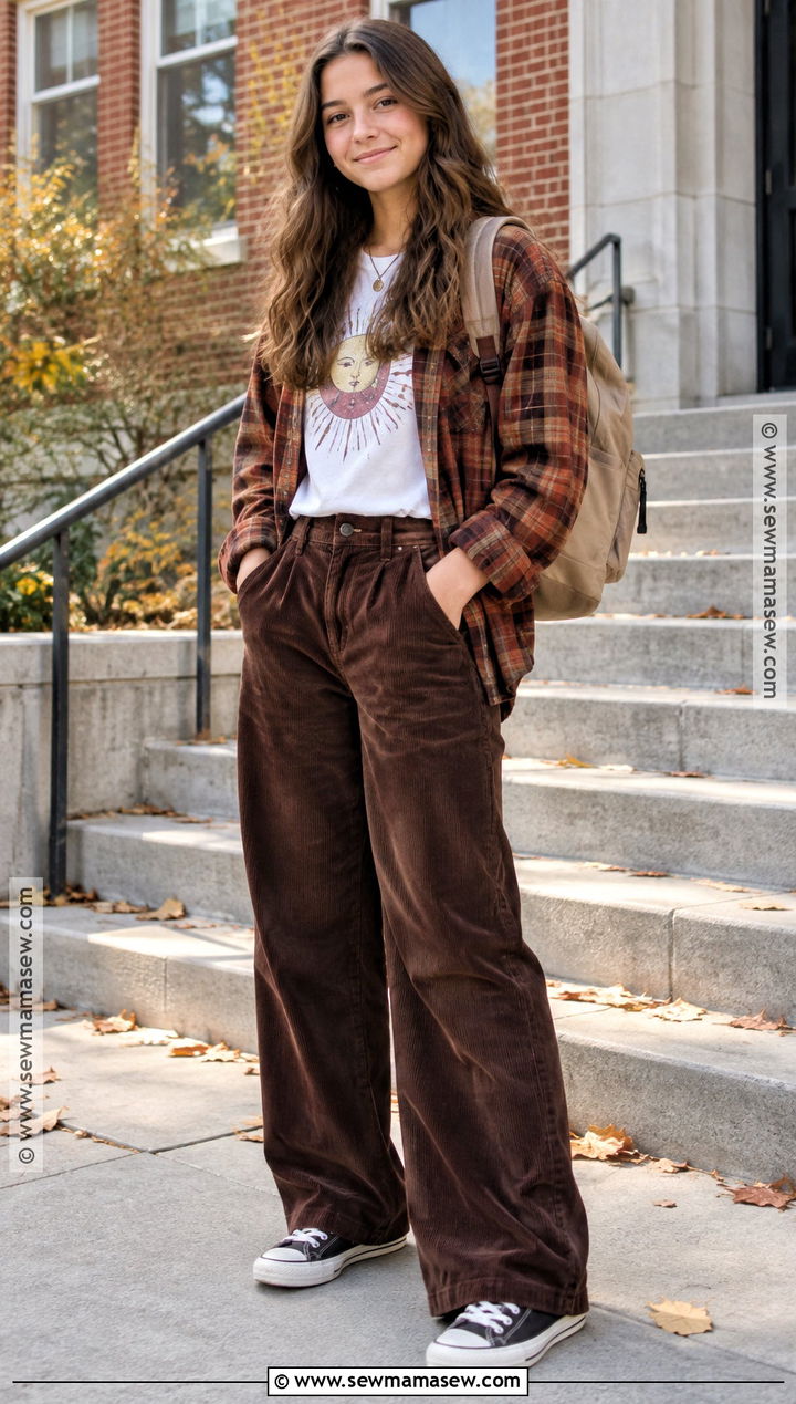 Graphic T Shirt And Corduroy Pants School Outfit - 20 cute school outfits fall