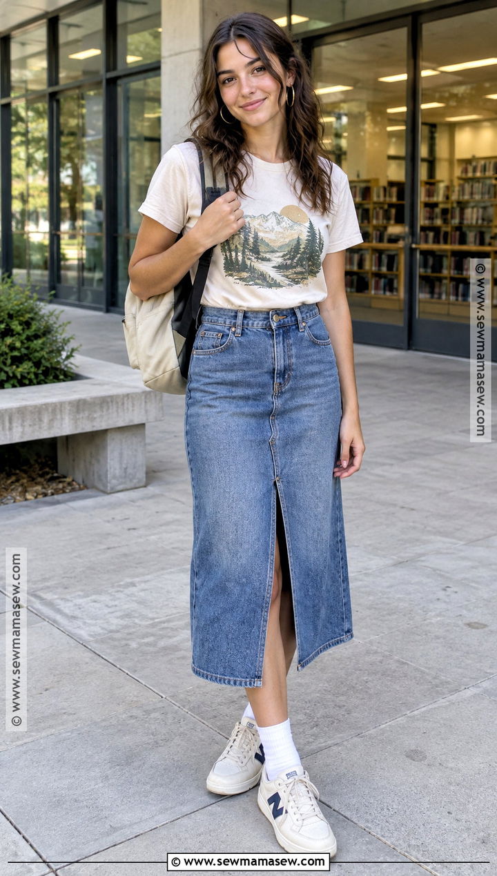 Graphic T Shirt And Denim Midi Skirt Back To School Outfit - 20 back to school outfits simple