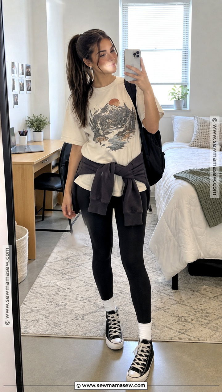 Graphic T Shirt And Leggings Outfit - 15 back to school legging outfits