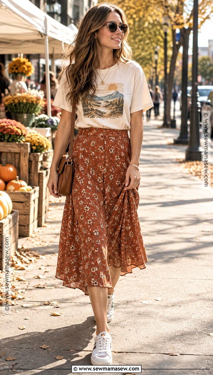 Graphic T Shirt And Midi Skirt Fall Outfit - 20 Fall Outfits In Warm Weather