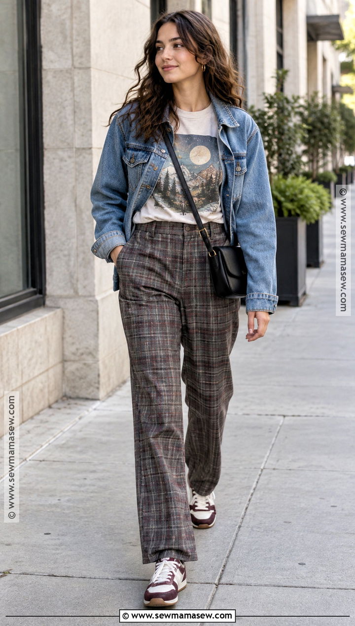 Graphic T Shirt And Plaid Trousers Outfit - 20 Cute September Outfits