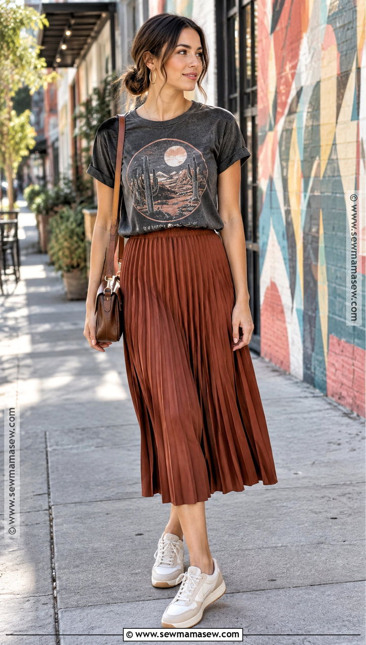 Graphic T Shirt And Pleated Midi Skirt Fall Outfit - 25 hot weather fall outfits