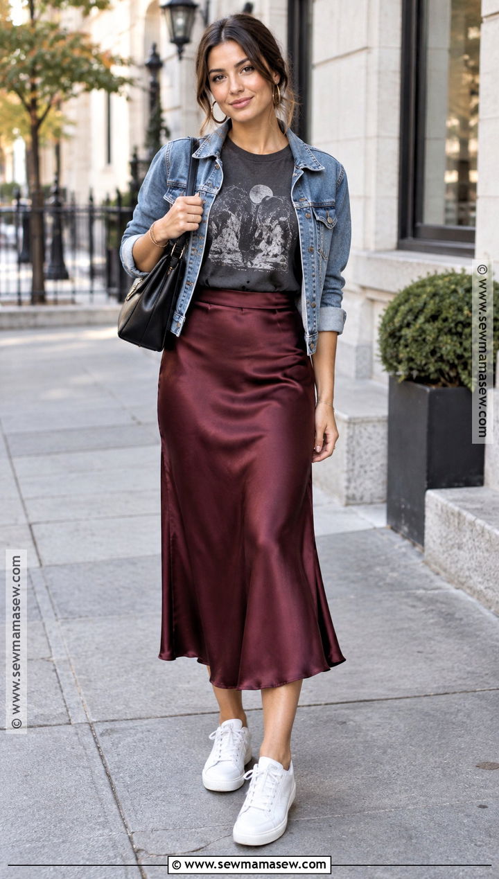 Graphic T Shirt And Satin Skirt Summer To Fall Outfit - 25 summer to fall outfits