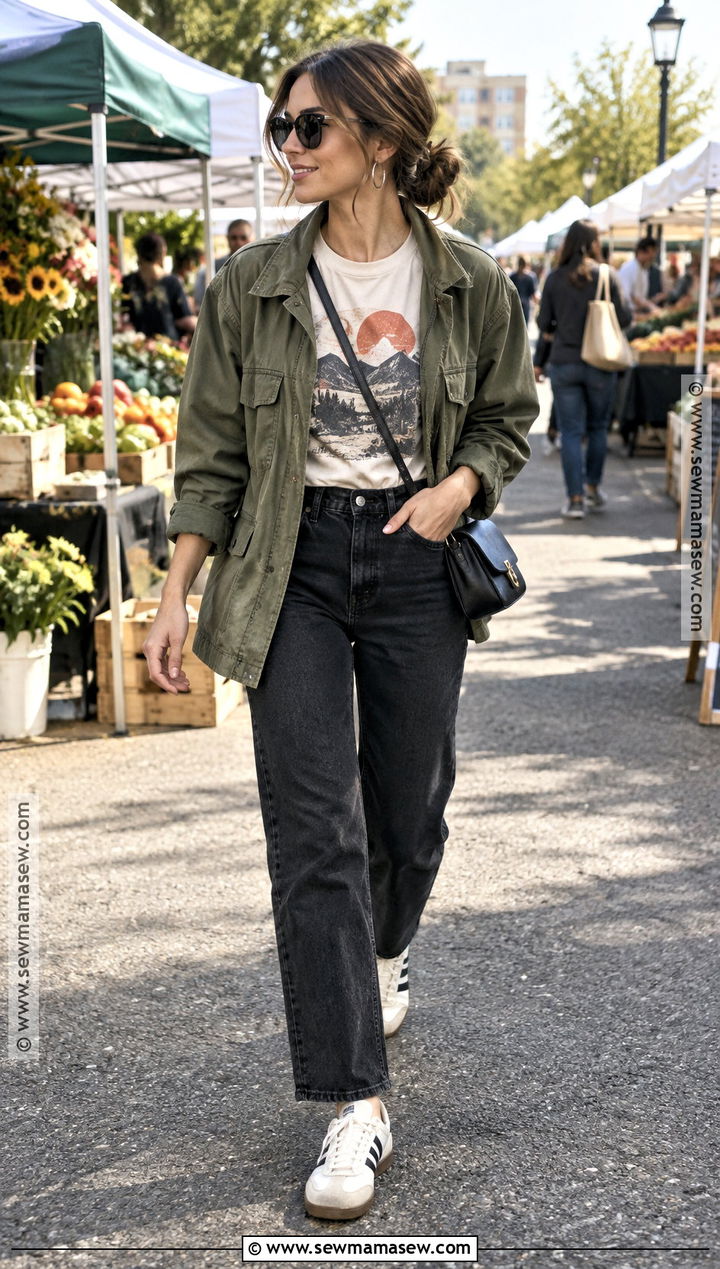 Graphic T Shirt Black Jeans And Utility Jacket Outfit - 20 summer fall outfits casual