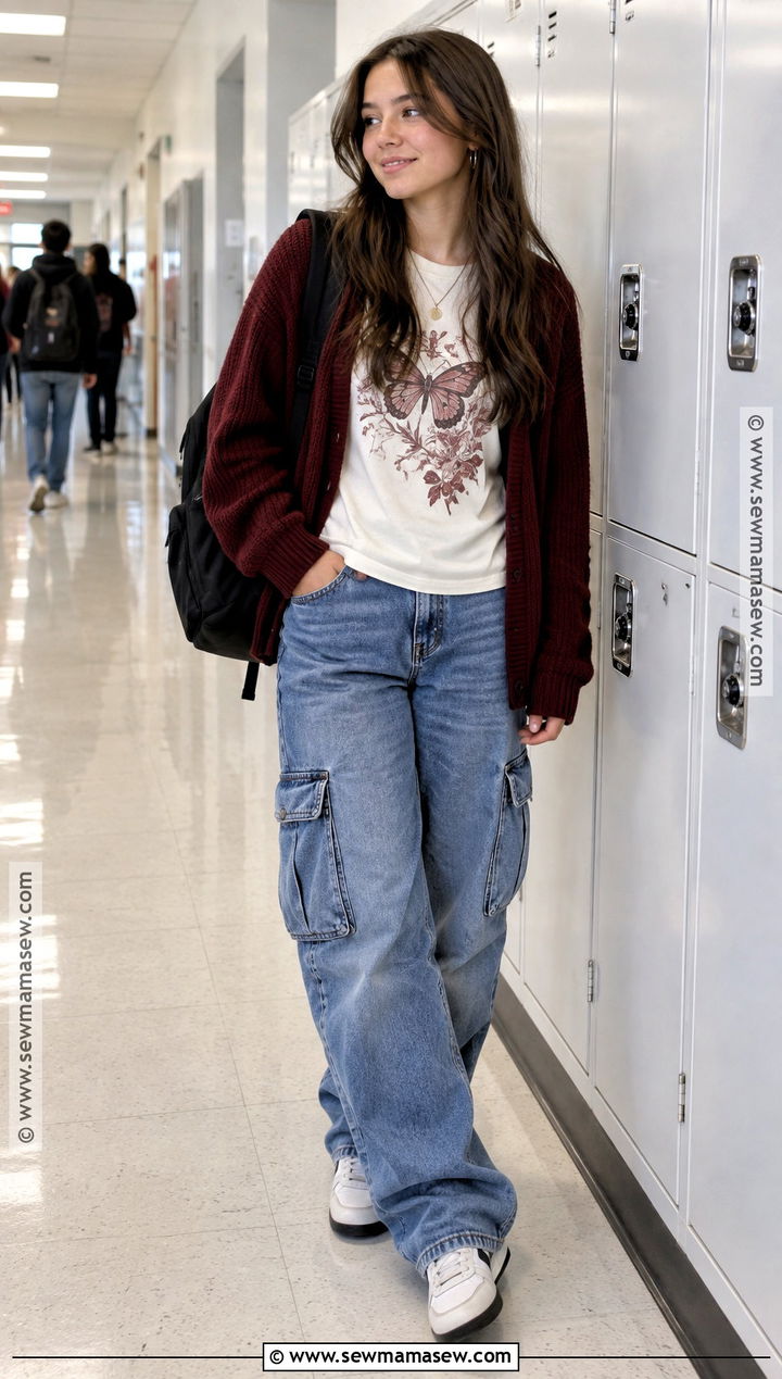 Graphic T Shirt Cardigan And Cargo Jeans School Outfit - 25 autumn outfits school