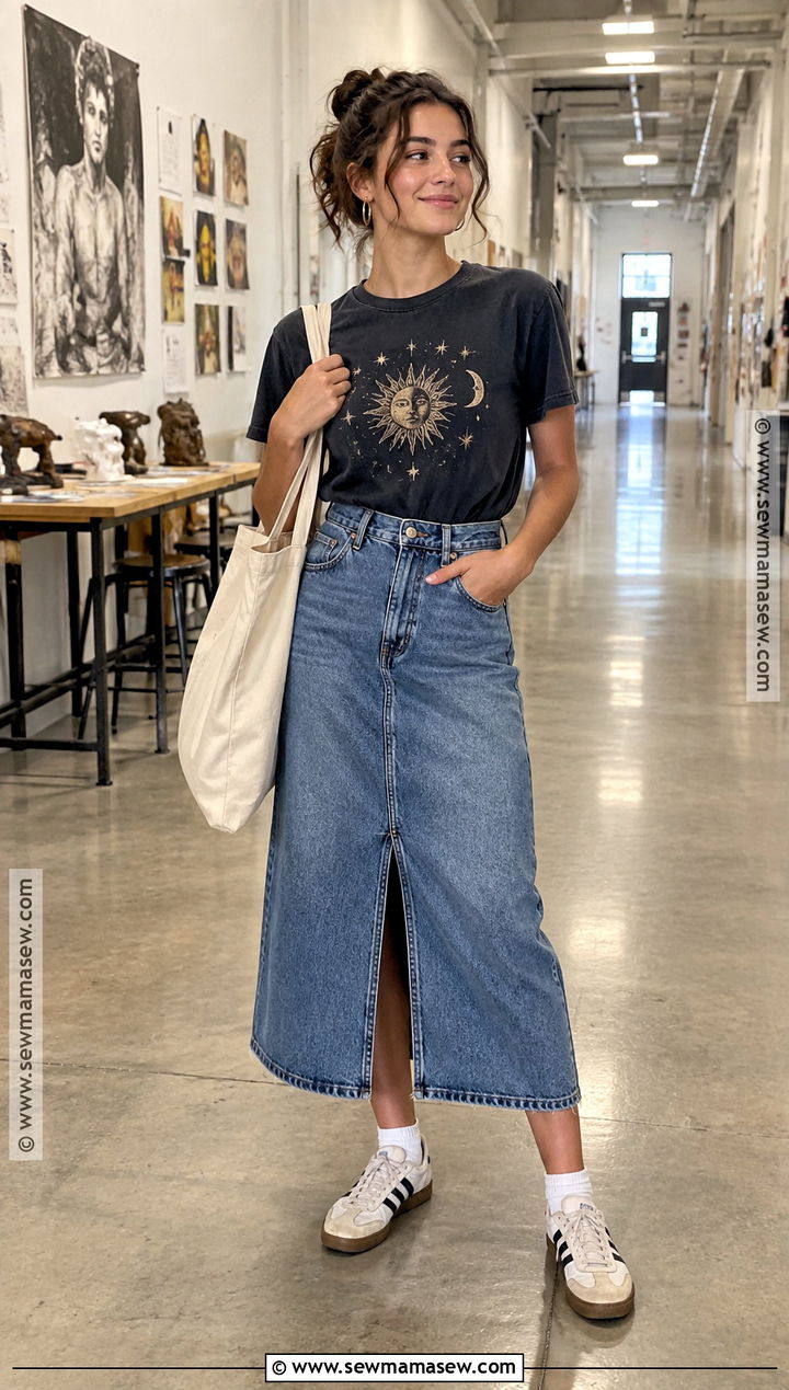 Graphic T Shirt With Denim Midi Skirt - 25 Back To School Tops