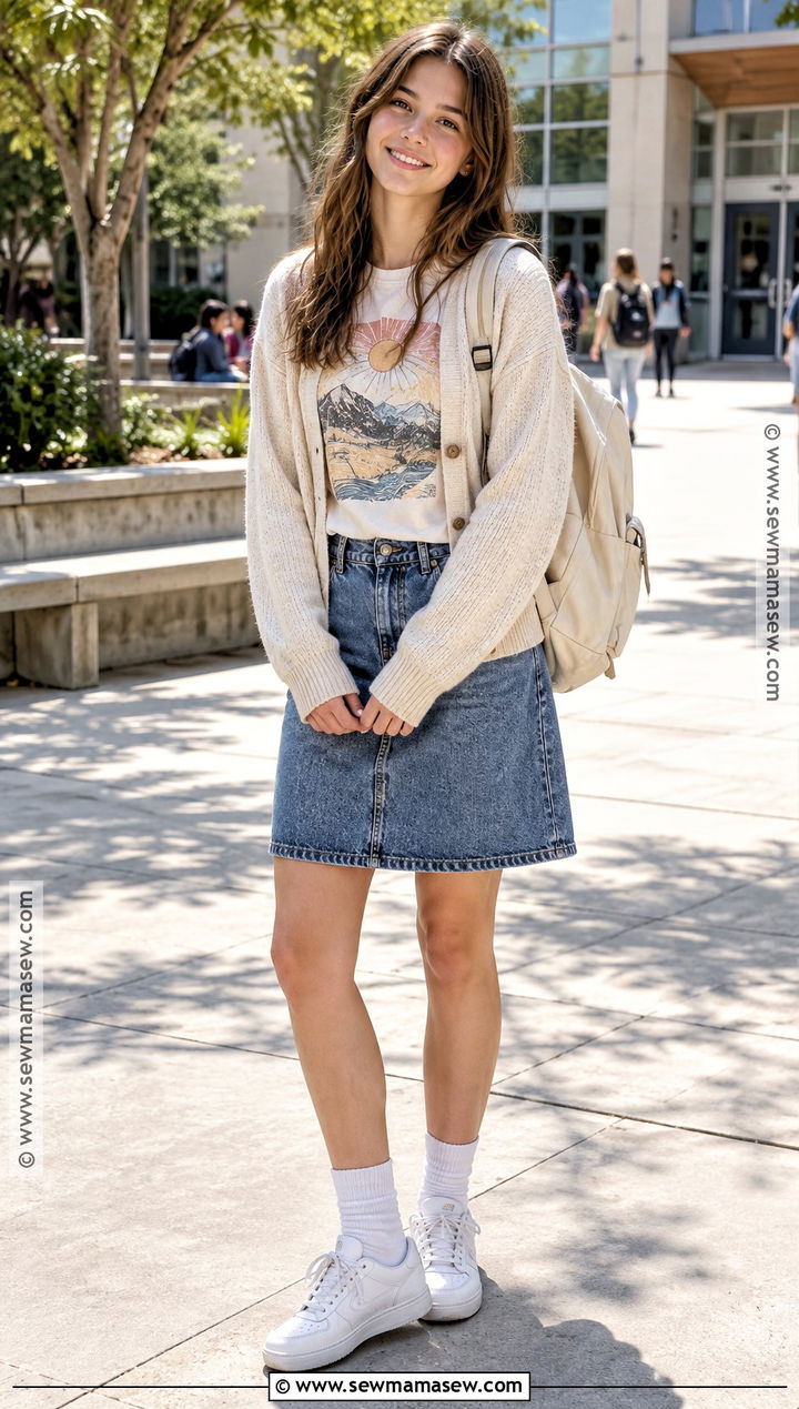 Graphic T Shirt With Denim Skirt And Sneakers - 20 basic back to school outfits