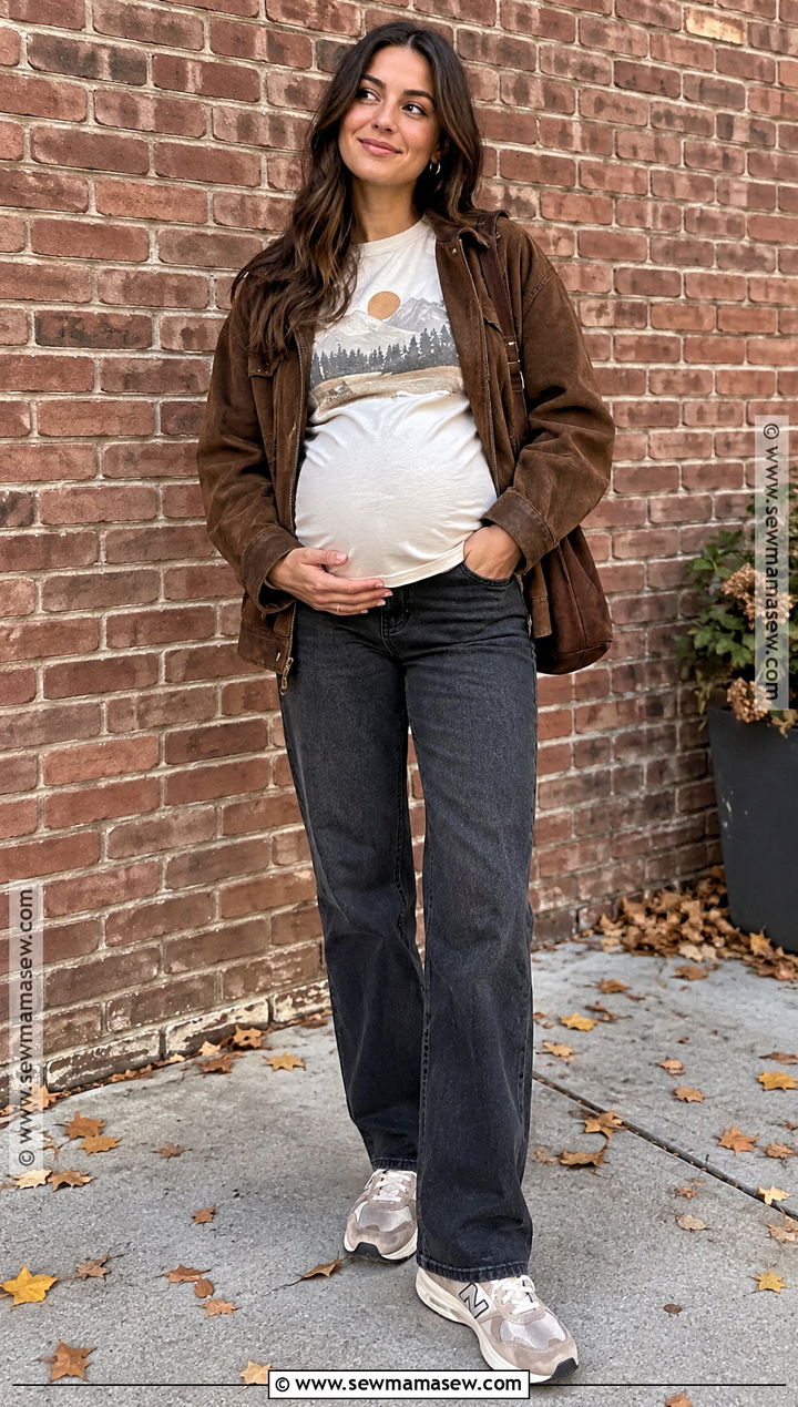Graphic T Shirt With Maternity Jeans And Jacket - 15 casual maternity outfits photoshoot fall