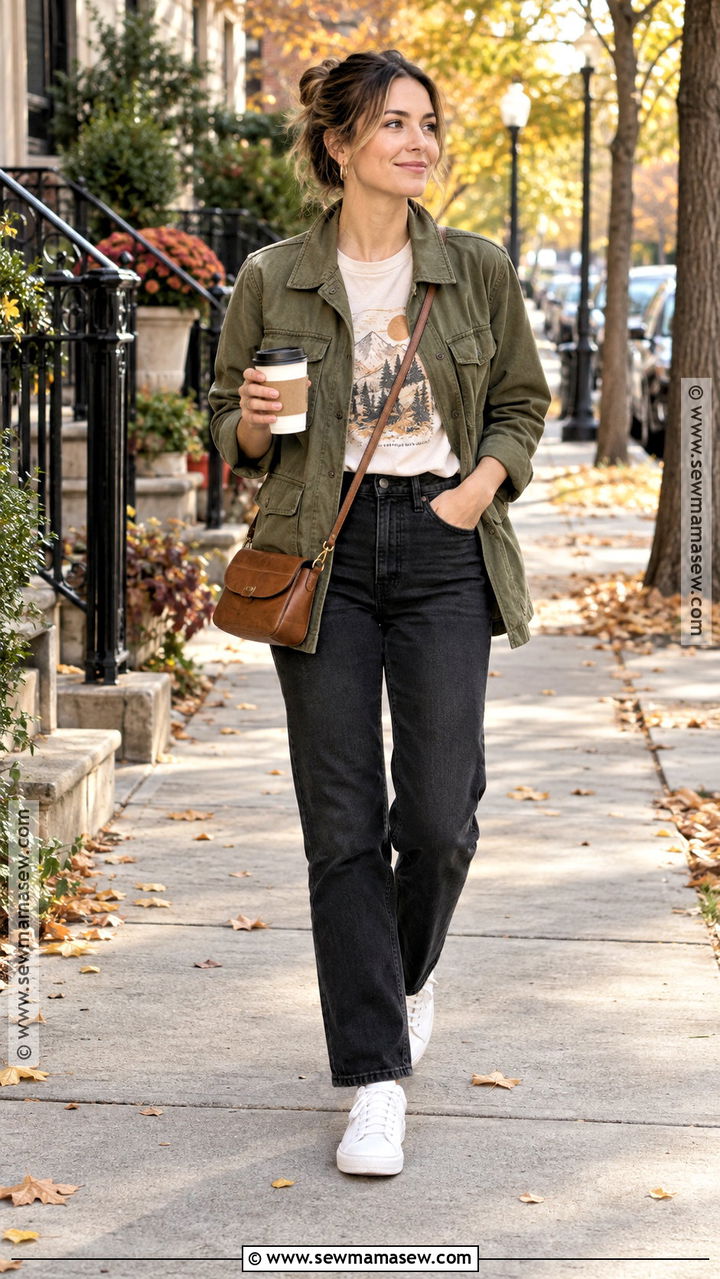Graphic T Shirt With Utility Jacket Outfit - 20 summer to autumn outfits