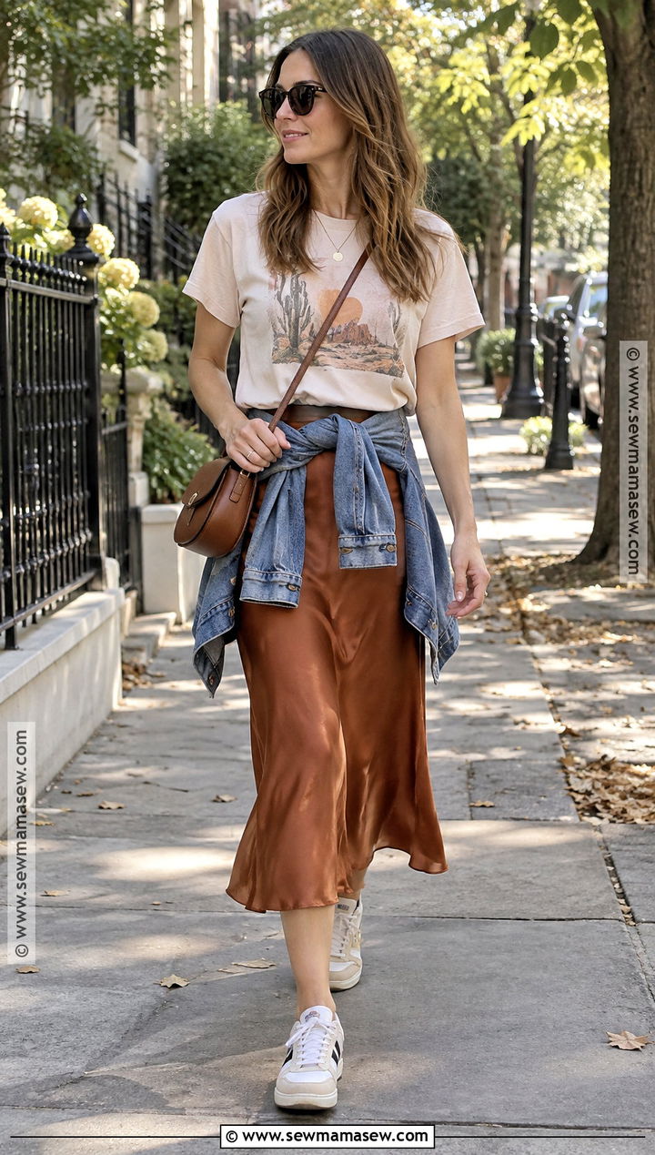 Graphic T Shirt and Bias Cut Skirt September Outfit - 15 September Outfits Warm Weather