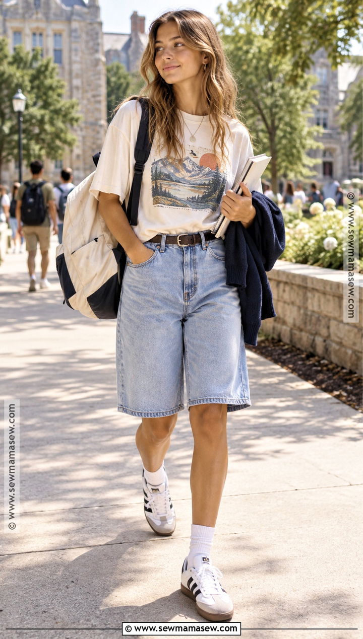 Graphic Tee And Bermuda Shorts With Sambas - 20 Back To School Outfits Sambas